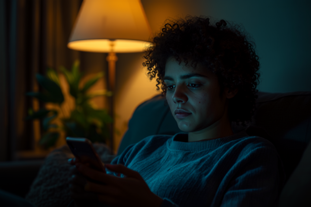 Person sitting on a couch at night, face lit by their smartphone screen, in a dim cozy living room with a warm lamp