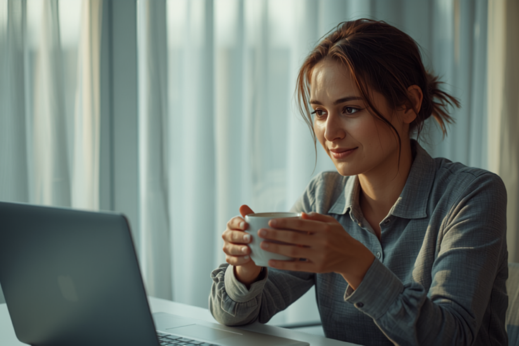 Professional taking a calm restorative tea break by a bright window after closing her laptop, illustrating recovery from burnout