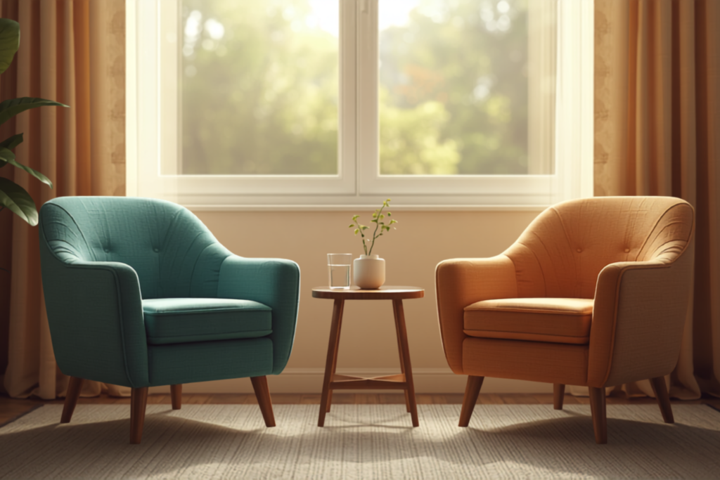 Two armchairs facing each other beside a sunlit window in a calm therapy office, ready for a first therapy session