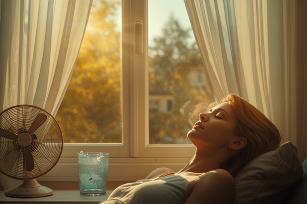 Woman resting calmly by an open window with a fan and glass of iced water on a hot summer day